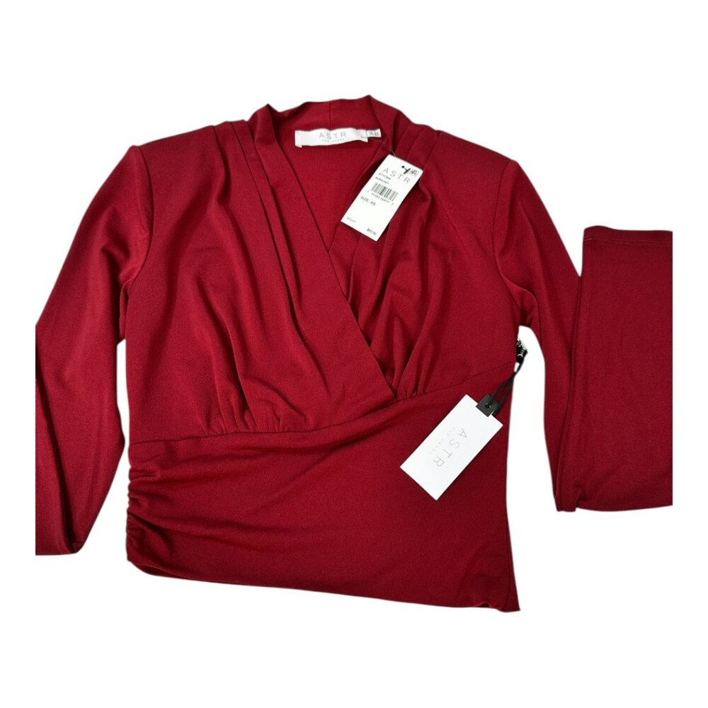 ASTR the Label Shawl Collar Wrap Burgundy Blouse Size X-Small - Picture 3 of 9